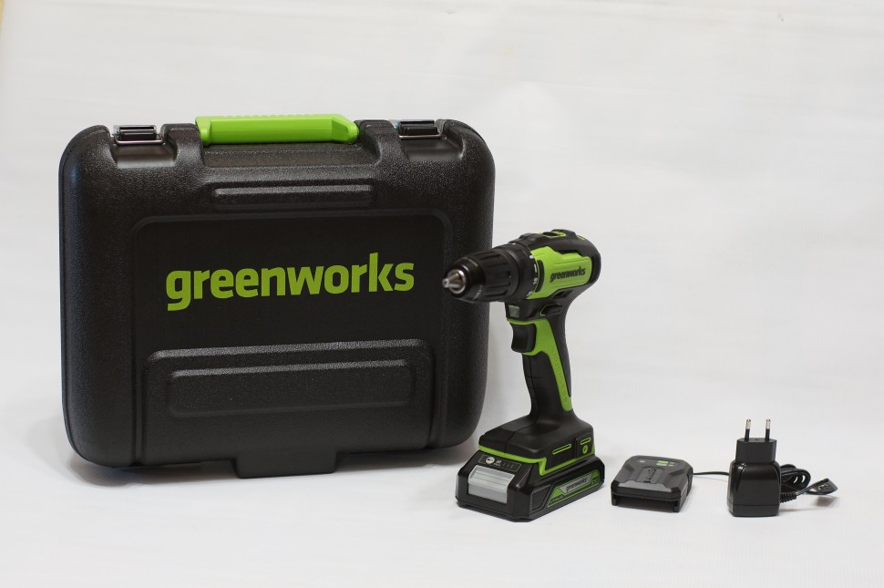 Дрель-шуруповерт Greenworks GD24DD35k2, 24v, 35 Нм, в комплекте АКБ 2 А·ч и ЗУ (аккумуляторная, кейс)