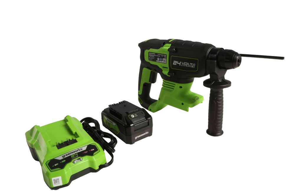 Перфоратор Greenworks GD24SDS2k4, 24v, 2 Дж, в комплекте с АКБ 4 А·ч и ЗУ (аккумуляторный, сумка)