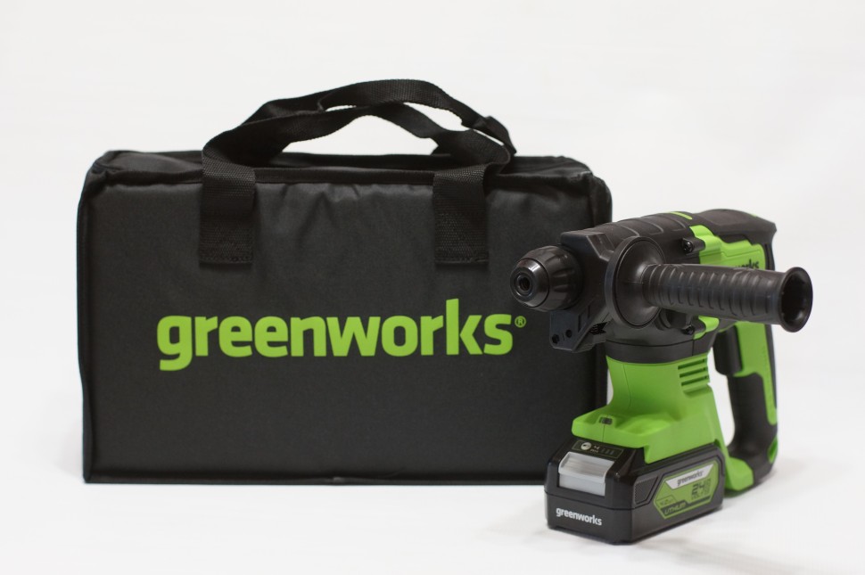 Перфоратор Greenworks GD24SDS2k4, 24v, 2 Дж, в комплекте с АКБ 4 А·ч и ЗУ (аккумуляторный, сумка)