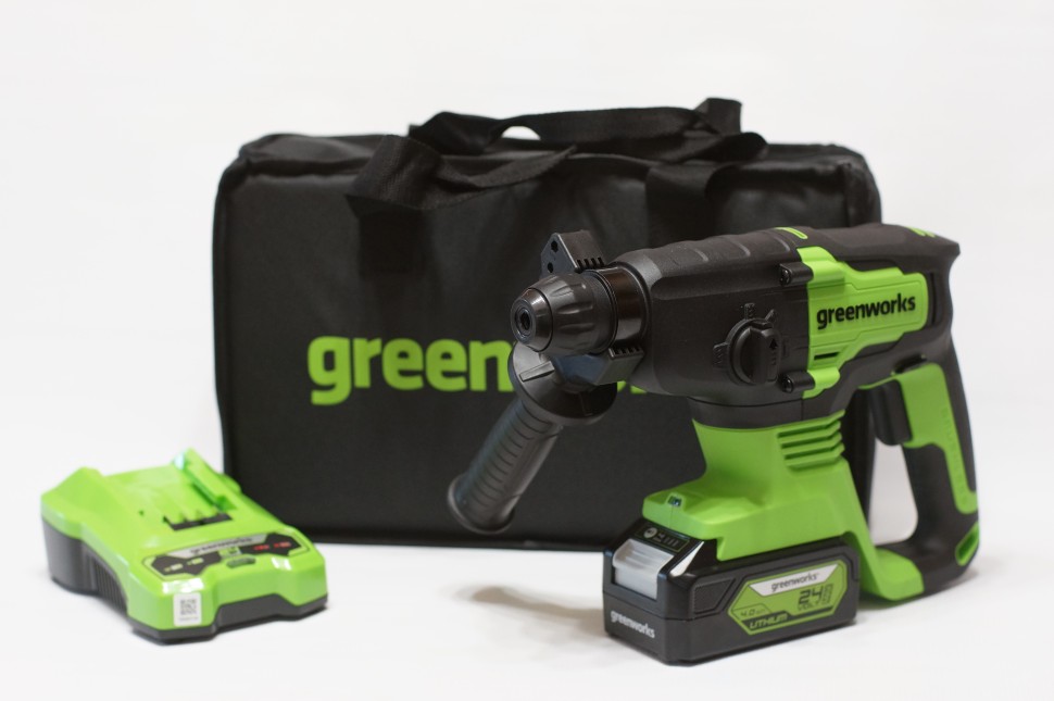 Перфоратор Greenworks GD24SDS2k4, 24v, 2 Дж, в комплекте с АКБ 4 А·ч и ЗУ (аккумуляторный, сумка)