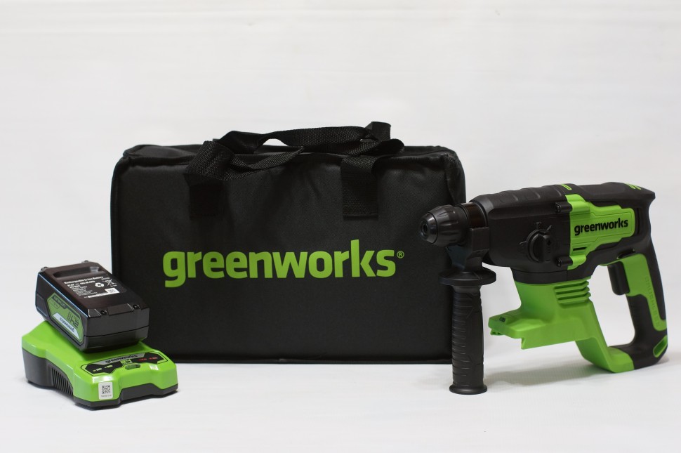 Перфоратор Greenworks GD24SDS2k4, 24v, 2 Дж, в комплекте с АКБ 4 А·ч и ЗУ (аккумуляторный, сумка)