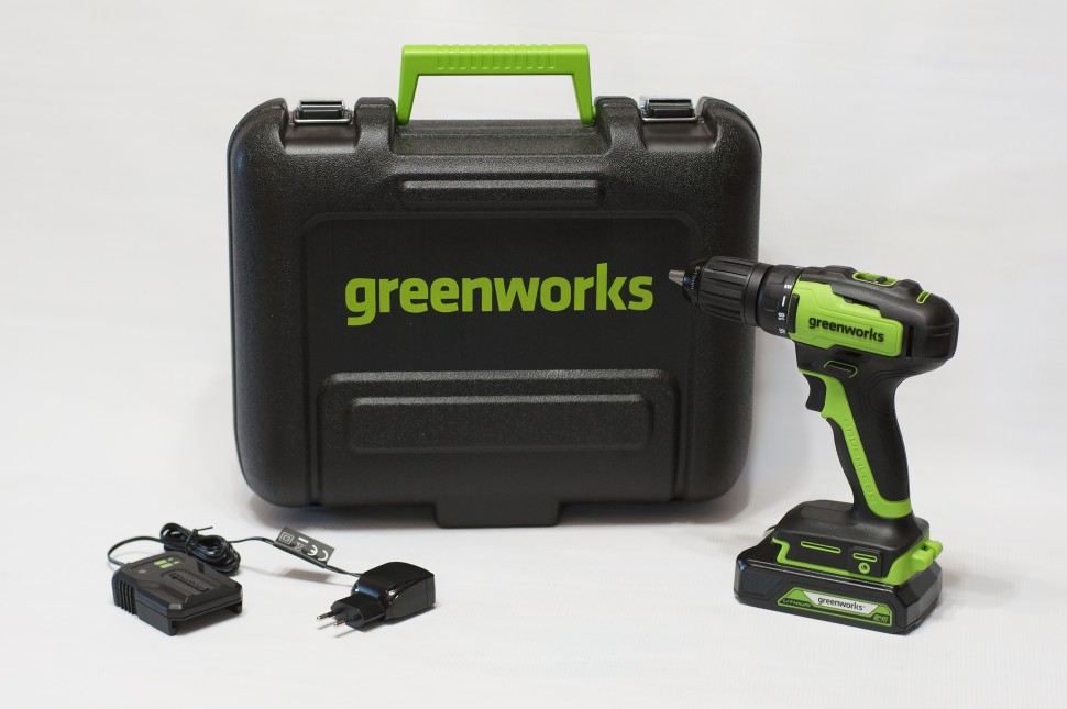 Дрель-шуруповерт Greenworks GD24DD35k2, 24v, 35 Нм, в комплекте АКБ 2 А·ч и ЗУ (аккумуляторная, кейс)