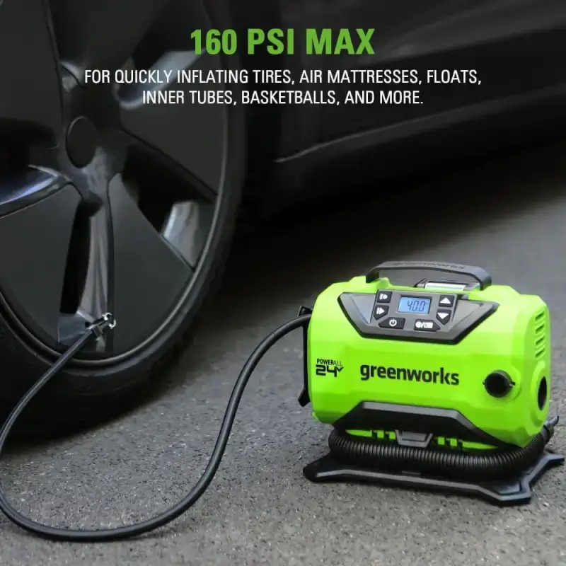 Компрессор Greenworks ACG301, 24v/12v, без АКБ и ЗУ (аккумуляторный или от прикуривателя авто) в сумке