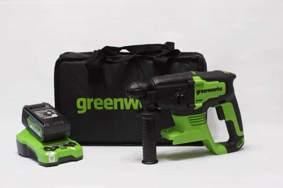 Перфоратор Greenworks GD24SDS2k4, 24v, 2 Дж, в комплекте с АКБ 4 А·ч и ЗУ (аккумуляторный, сумка)