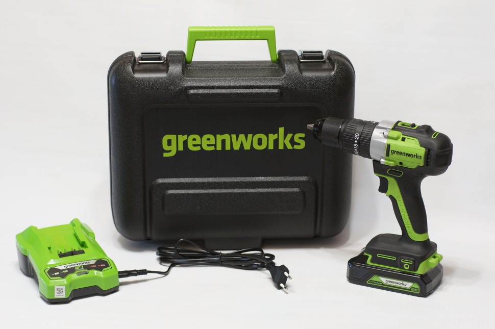 Ударная дрель-шуруповерт Greenworks GD24DD60k2, 24v, 60 Нм, в комплекте АКБ 2 А·ч и ЗУ (аккумуляторная, кейс)