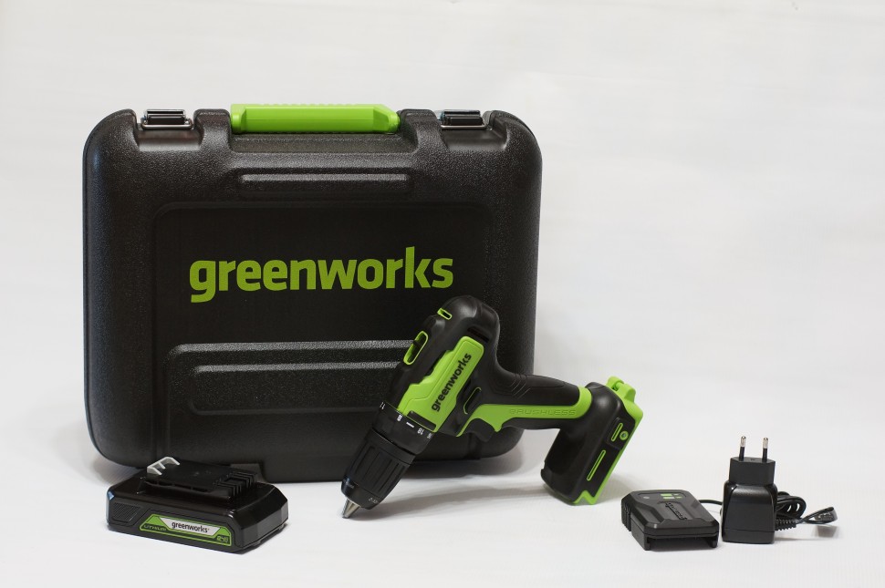 Дрель-шуруповерт Greenworks GD24DD35k2, 24v, 35 Нм, в комплекте АКБ 2 А·ч и ЗУ (аккумуляторная, кейс)