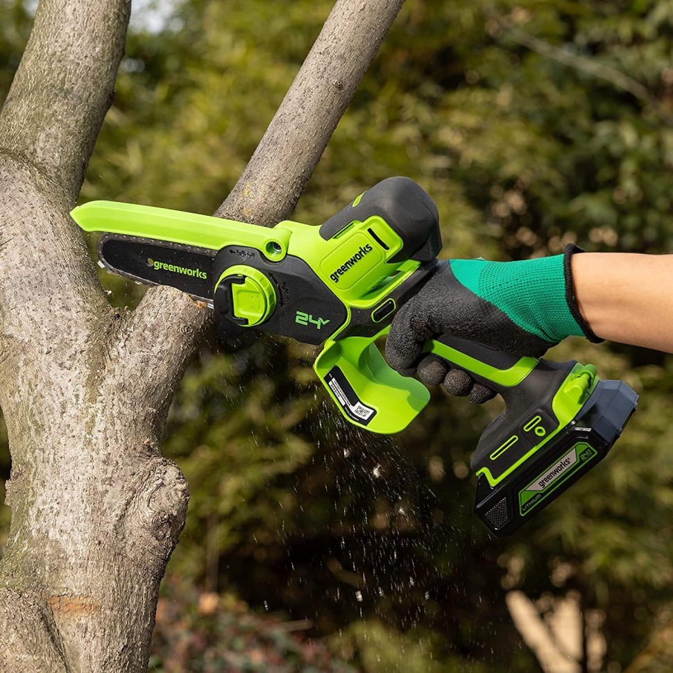 Цепная пила Greenworks G24MCS10k2, 24v, 10 см, в комплекте с АКБ 2 А·ч и ЗУ (аккумуляторная, мини)