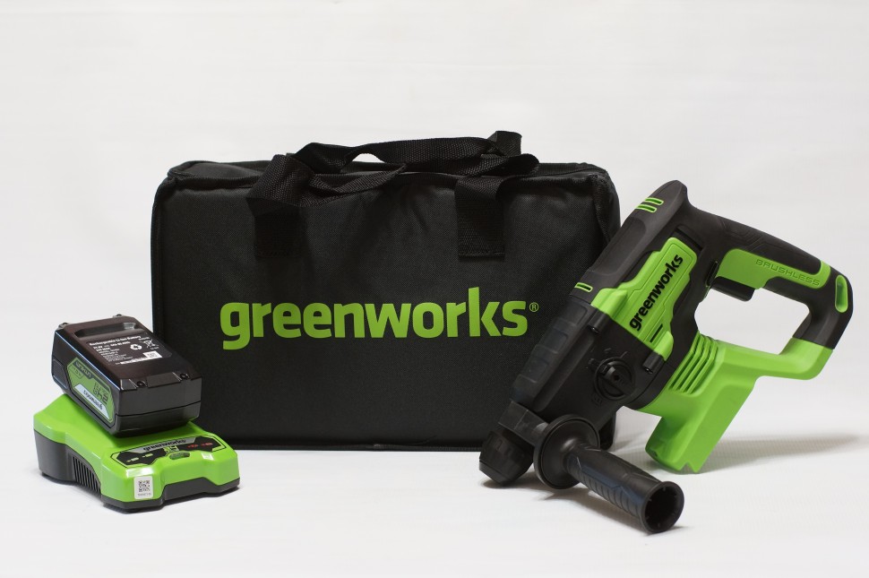 Перфоратор Greenworks GD24SDS2k4, 24v, 2 Дж, в комплекте с АКБ 4 А·ч и ЗУ (аккумуляторный, сумка)